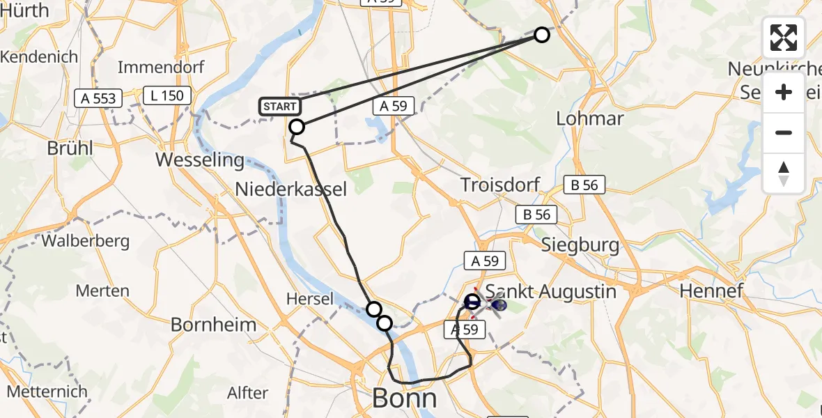 Flugroute Polizeihubschrauber Niederkassel - Sankt Augustin, 16 Juli 2026, 09:33