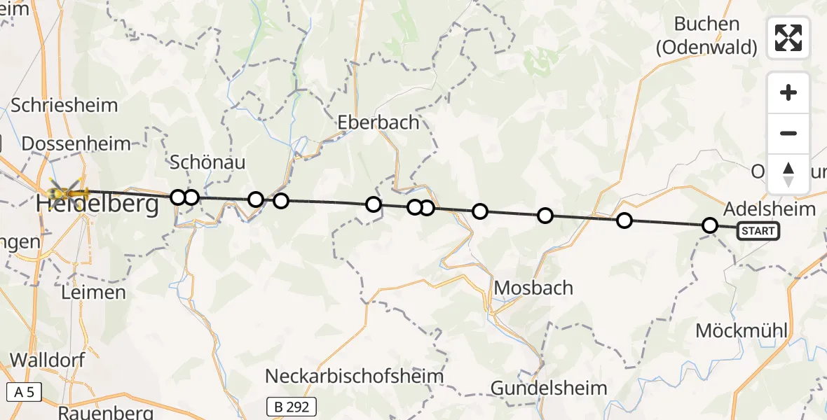 Flugroute Rettungshubschrauber Adelsheim - Heidelberg, 16 Juli 2026, 09:38