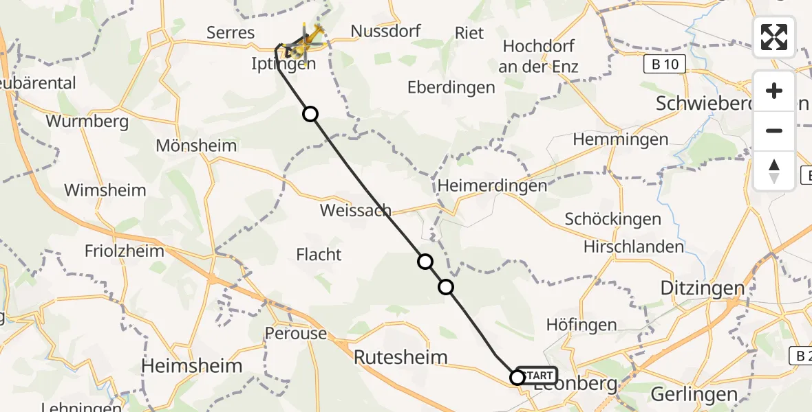 Flugroute Rettungshubschrauber Leonberg Hospital - Wiernsheim, 16 Juli 2026, 09:38