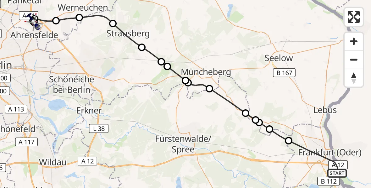 Flugroute Polizeihubschrauber Frankfurt (Oder) - Panketal, 16 Juli 2026, 09:38