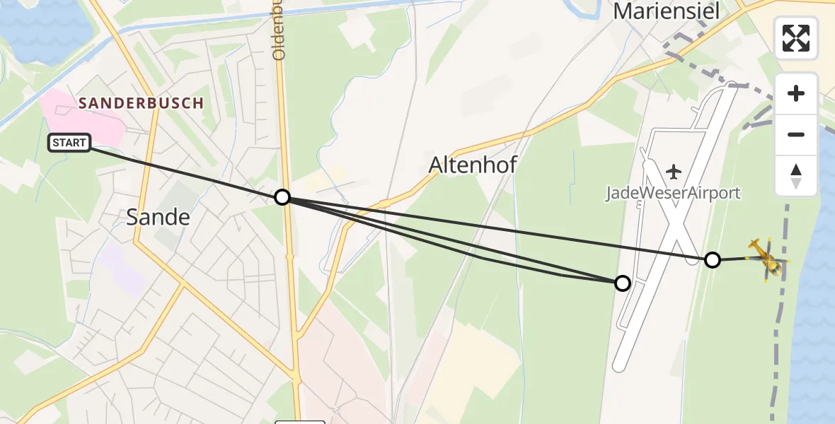 Flugroute Rettungshubschrauber Sande - JadeWeser Flughafen, 16 Juli 2026, 09:42