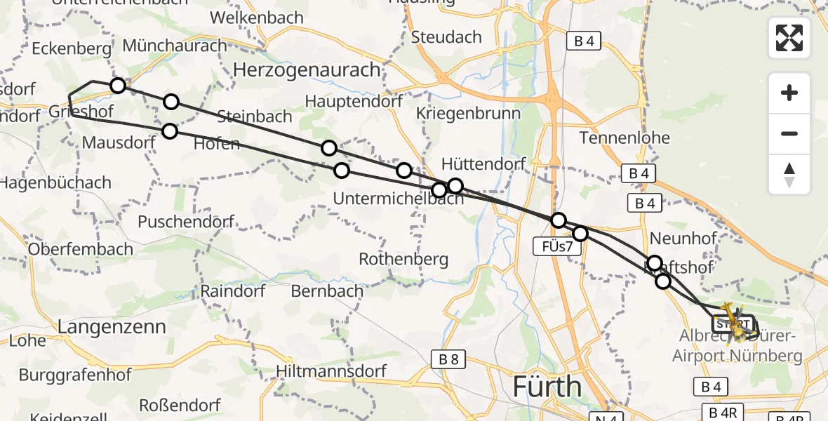 Flugroute Ambulanzhubschrauber Flughafen Nuremberg - Flughafen Nuremberg, 16 Juli 2026, 09:45