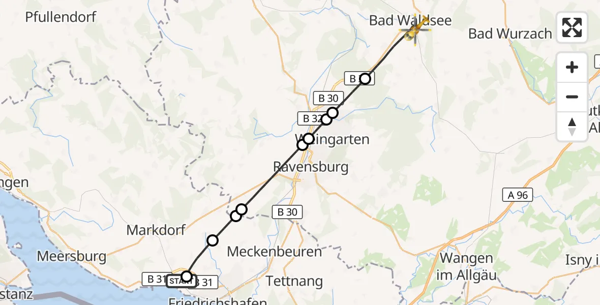 Flugroute Rettungshubschrauber Friedrichshafen Hospital - Bad Waldsee, 16 Juli 2026, 09:48