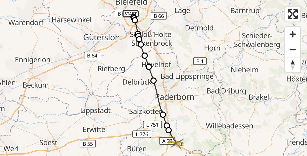 Flugroute Rettungshubschrauber Luftrettungszentrum Bielefeld - Bad Wünnenberg, 16 Juli 2026, 09:49