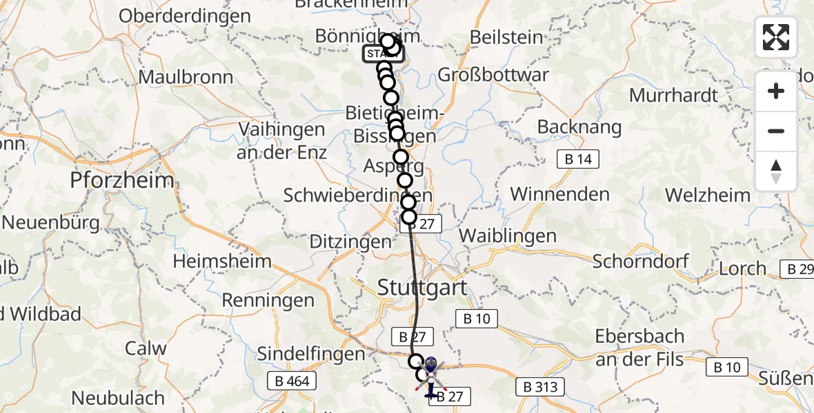 Flugroute Polizeihubschrauber Bönnigheim - Flughafen Stuttgart, 16 Juli 2026, 10:02
