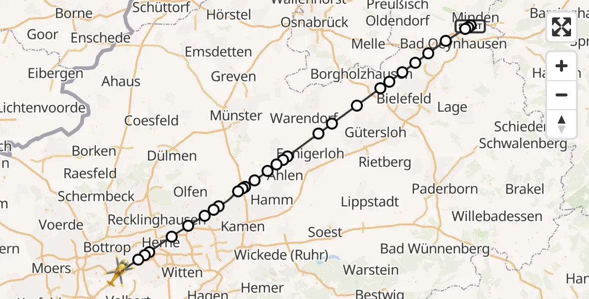 Flugroute Ambulanzhubschrauber Minden - Essen, 16 Juli 2026, 10:03