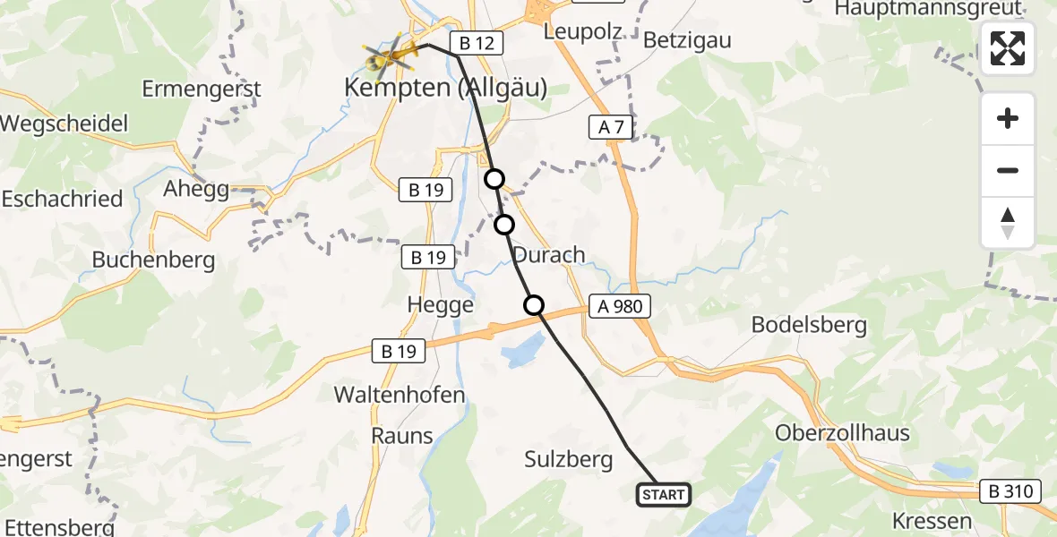 Flugroute Rettungshubschrauber Sulzberg - Kempten (Allgäu), 16 Juli 2026, 10:08