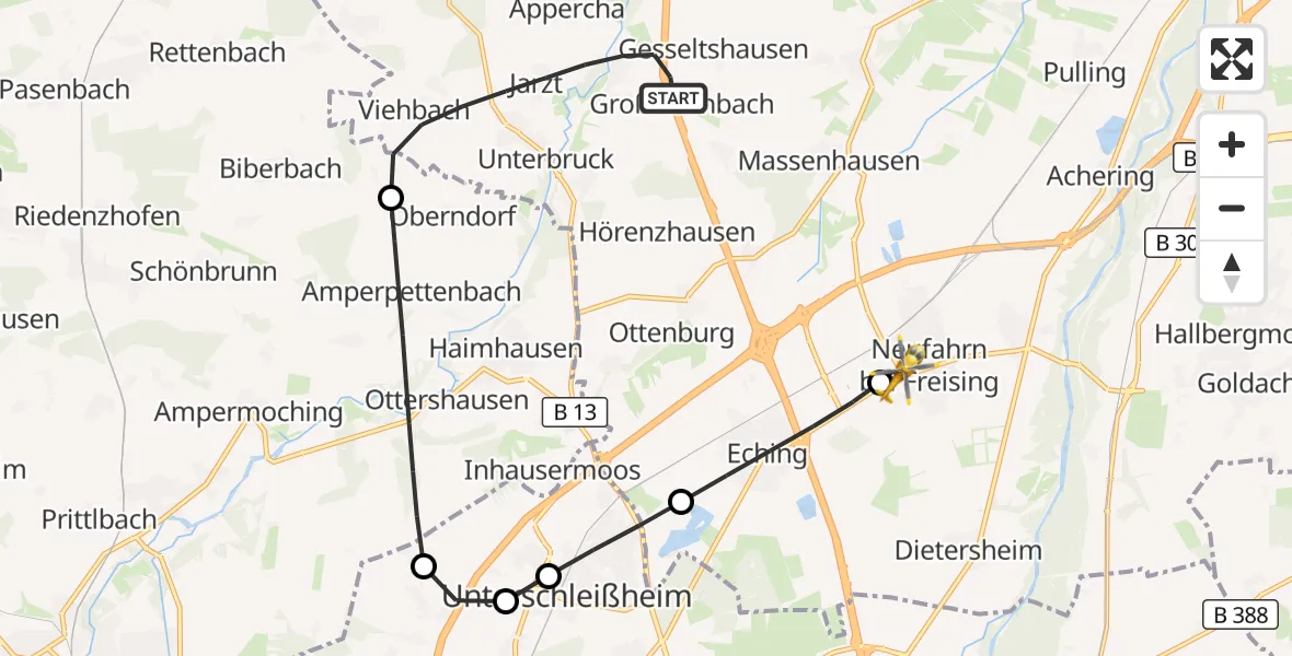 Flugroute Rettungshubschrauber Fahrenzhausen - Neufahrn b.Freising, 16 Juli 2026, 10:09