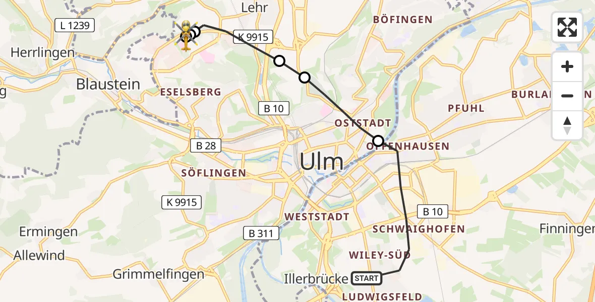 Flugroute Rettungshubschrauber Neu-Ulm - ADAC Air Rescue Station Ulm (Christoph 22), 16 Juli 2026, 10:10