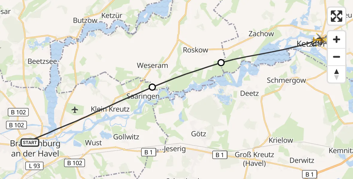 Flugroute Rettungshubschrauber Brandenburg an der Havel - Ketzin/Havel, 16 Juli 2026, 10:11