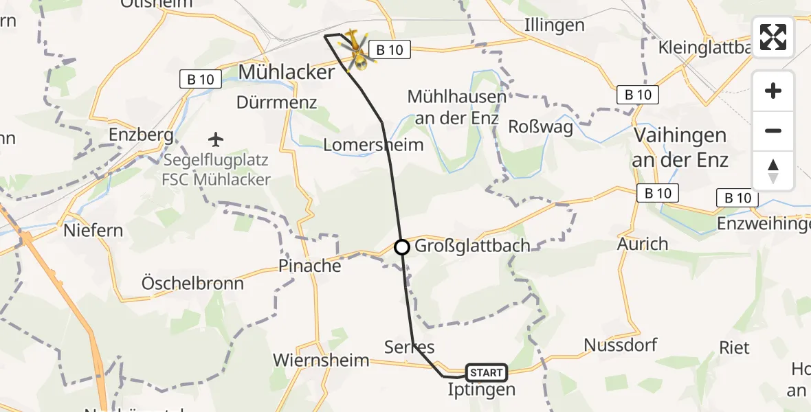 Flugroute Rettungshubschrauber Wiernsheim - Mühlacker, 16 Juli 2026, 10:17