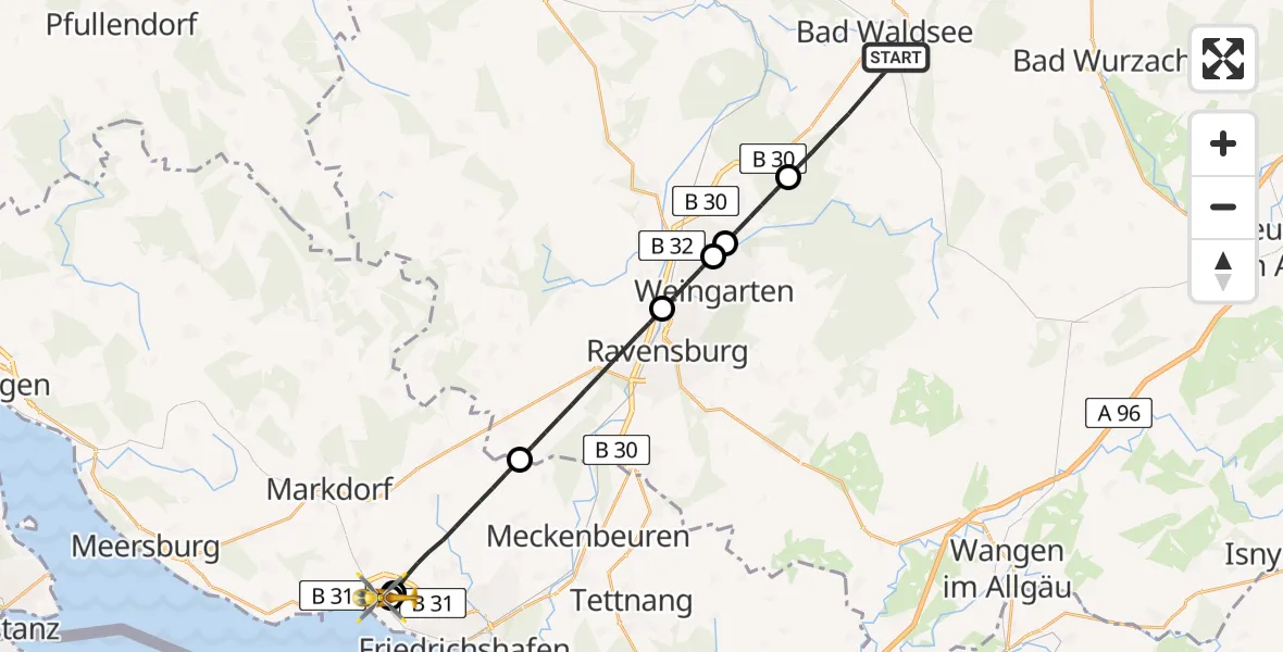 Flugroute Rettungshubschrauber Bad Waldsee - Friedrichshafen Hospital, 16 Juli 2026, 10:17