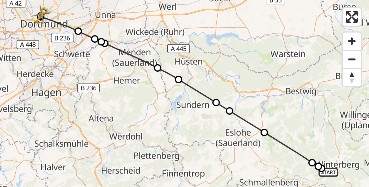 Flugroute Rettungshubschrauber Winterberg - Dortmund Hospital North, 16 Juli 2026, 10:19