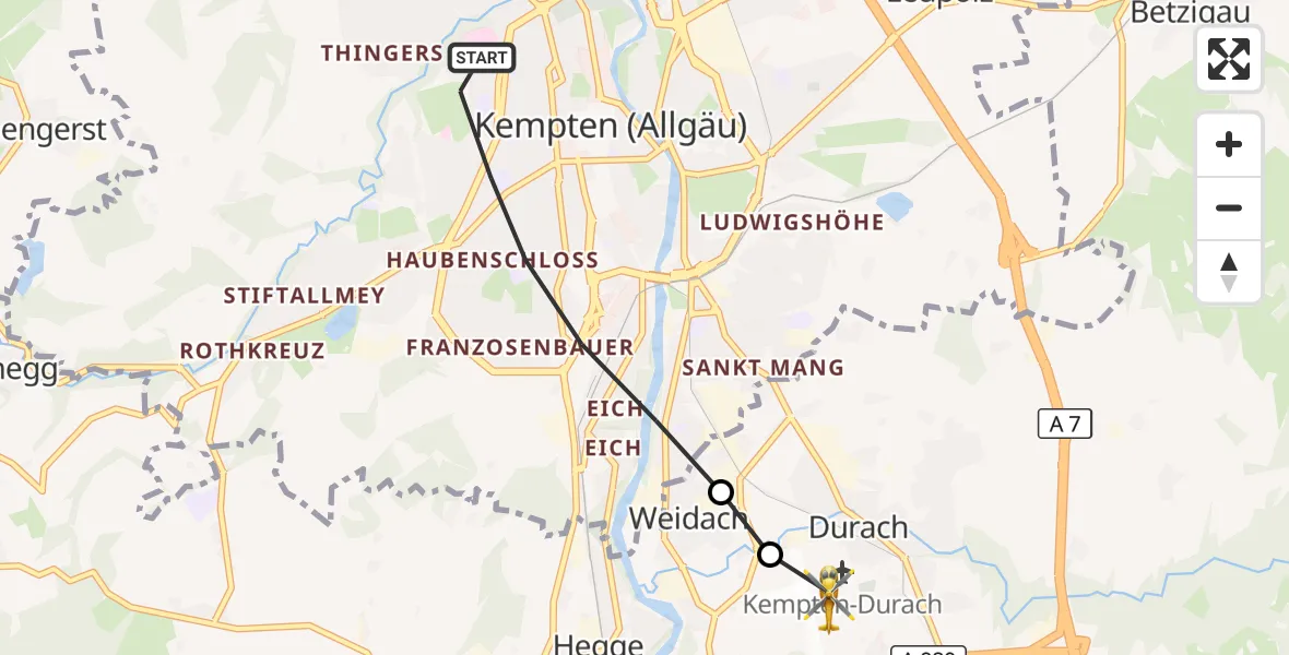 Flugroute Rettungshubschrauber Kempten (Allgäu) - Kempten-Durach Flugplatz, 16 Juli 2026, 10:29