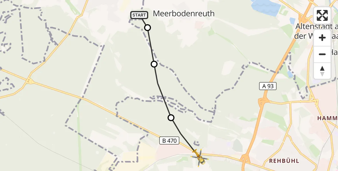 Flugroute Ambulanzhubschrauber Parkstein - Weiden i.d.OPf., 16 Juli 2026, 10:37