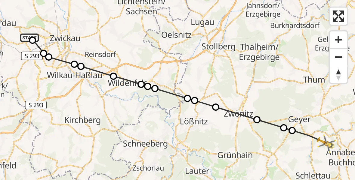 Flugroute Rettungshubschrauber ADAC Air Rescue Station Zwickau Hubschrauberlandeplatz - Schlettau, 16 Juli 2026, 10:43