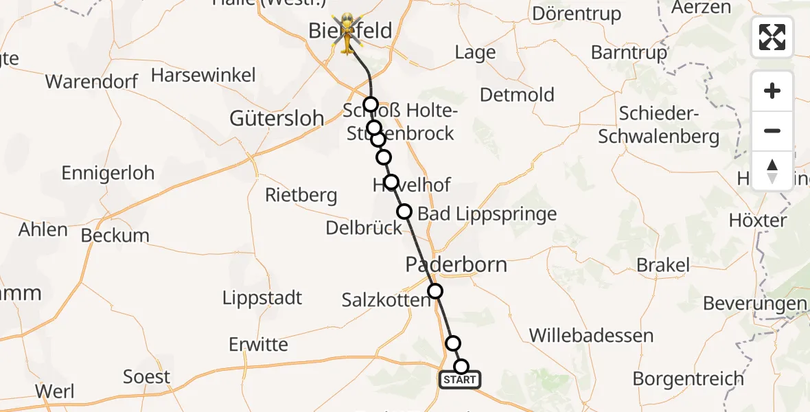 Flugroute Rettungshubschrauber Bad Wünnenberg - Bielefeld, 16 Juli 2026, 10:47