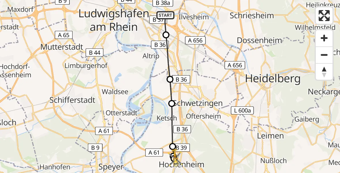 Flugroute Rettungshubschrauber Mannheim-City Flughafen - Hockenheim, 16 Juli 2026, 10:49