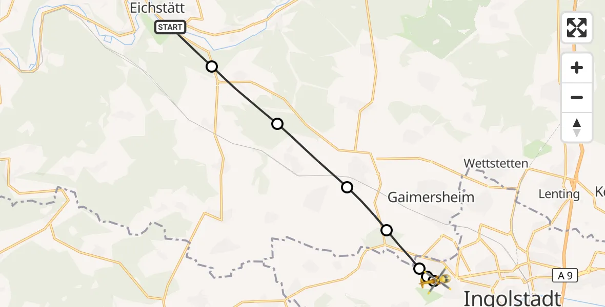 Flugroute Rettungshubschrauber Eichstätt - Ingolstadt Hospital, 16 Juli 2026, 10:51