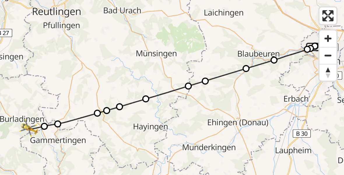 Flugroute Rettungshubschrauber Ulm Military Hospital Emergency - Burladingen, 16 Juli 2026, 10:53