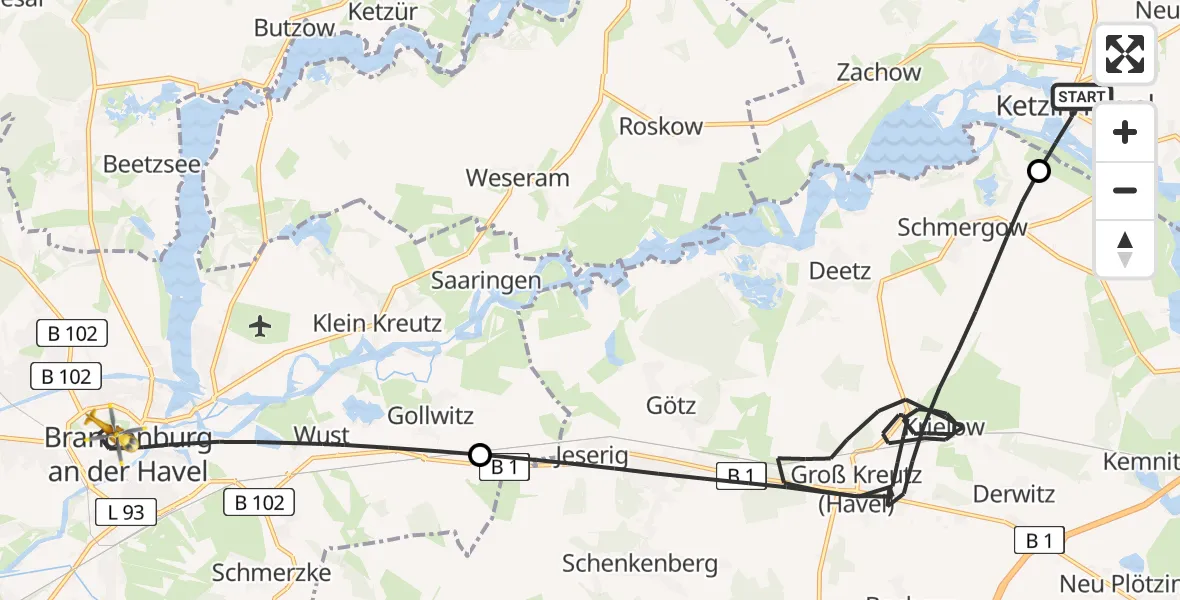 Flugroute Rettungshubschrauber Ketzin/Havel - Brandenburg an der Havel, 16 Juli 2026, 10:56