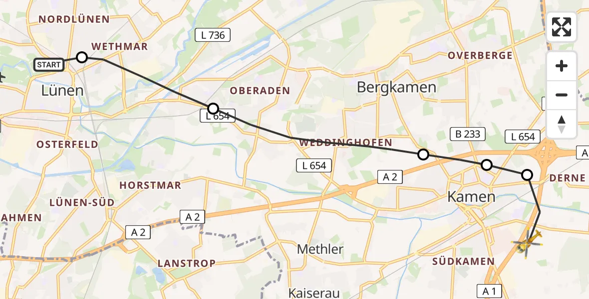 Flugroute Rettungshubschrauber Sankt Marien Hospital - Kamen, 16 Juli 2026, 10:57