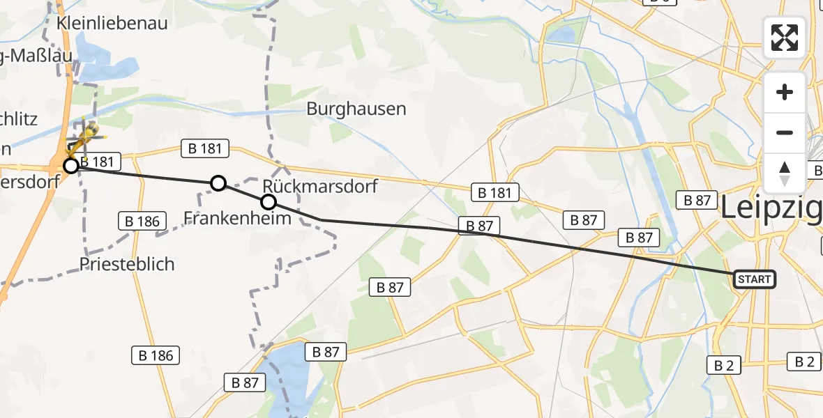 Flugroute Rettungshubschrauber Leipzig - ADAC Air Rescue Station Leipzig/Schkeuditz-Dölzig Hubschrauberlandeplatz (Christoph 61), 16 Juli 2026, 10:57