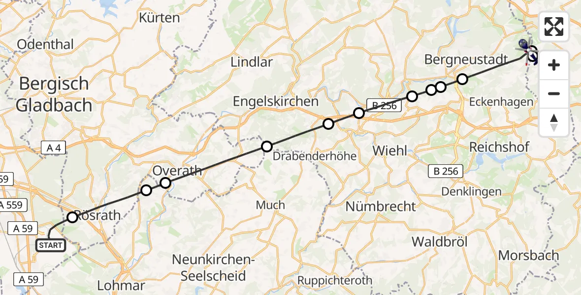 Flugroute Polizeihubschrauber Köln Bonn Flughafen - Bergneustadt, 16 Juli 2026, 11:05