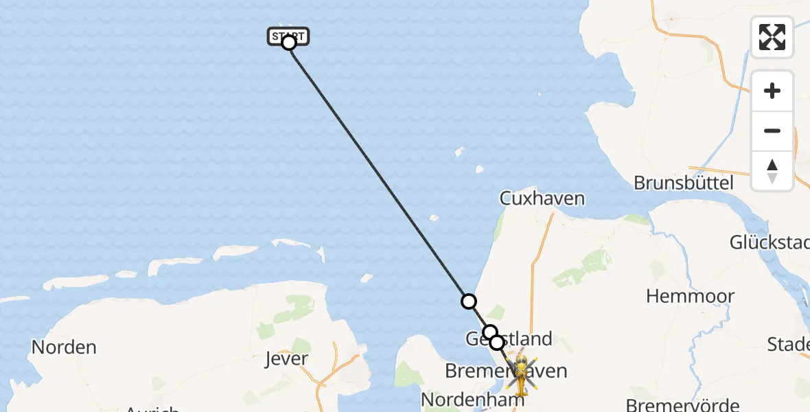 Flugroute Rettungshubschrauber North Sea - Bremerhaven, 16 Juli 2026, 11:06