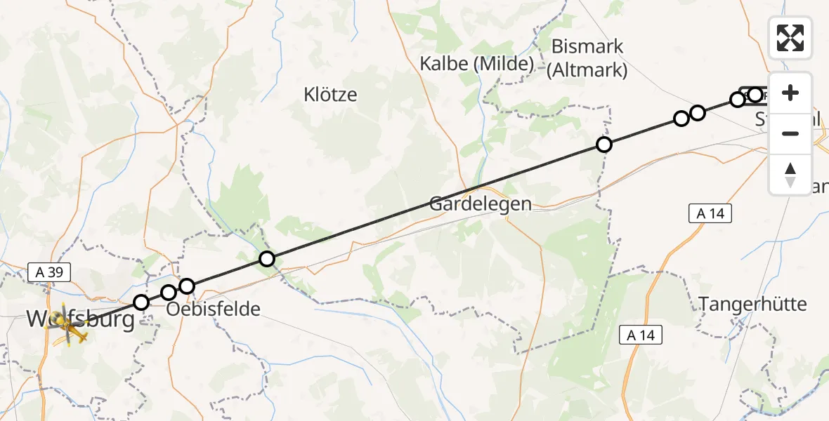 Flugroute Rettungshubschrauber Stendal-Borstel Flugplatz - Wolfsburg, 16 Juli 2026, 11:08