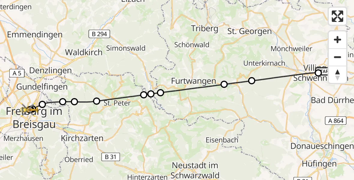 Flugroute Ambulanzhubschrauber DRF Air Rescue Station Villingen-Schwenningen Hubschrauberlandeplatz (Christoph 11) - Freiburg University Hospital Heliport 1, 16 Juli 2026, 11:11