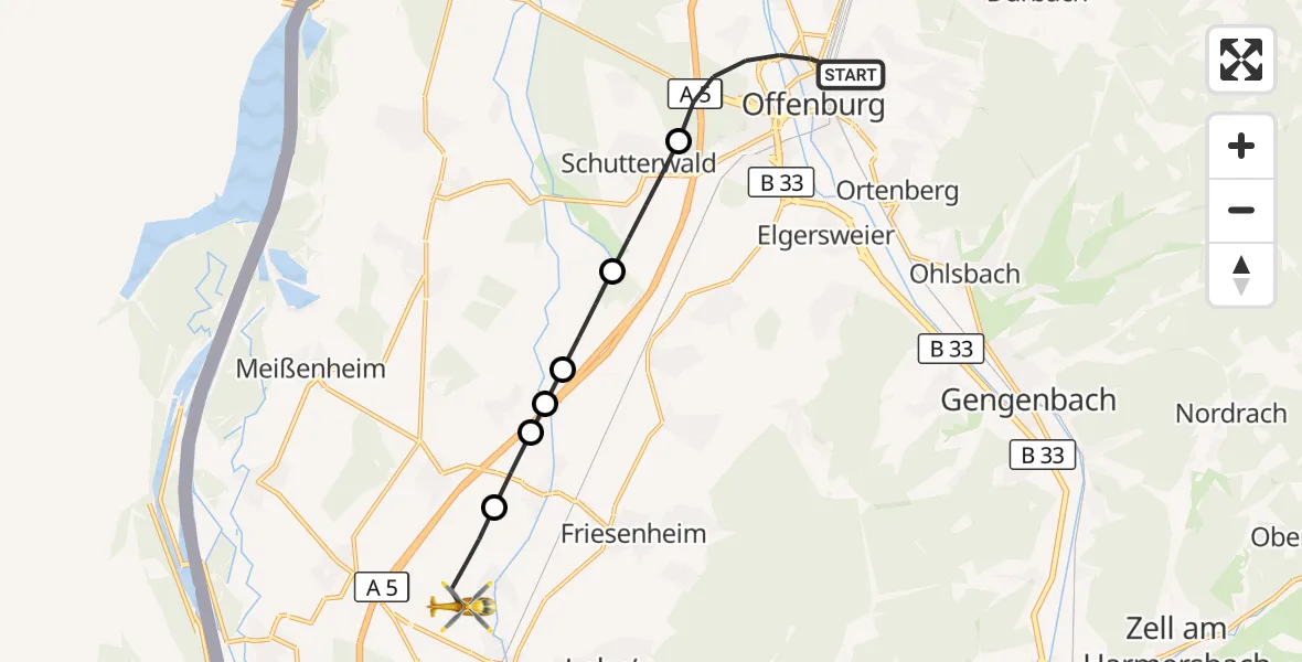 Flugroute Rettungshubschrauber Offenburg - Lahr Flughafen, 16 Juli 2026, 11:11
