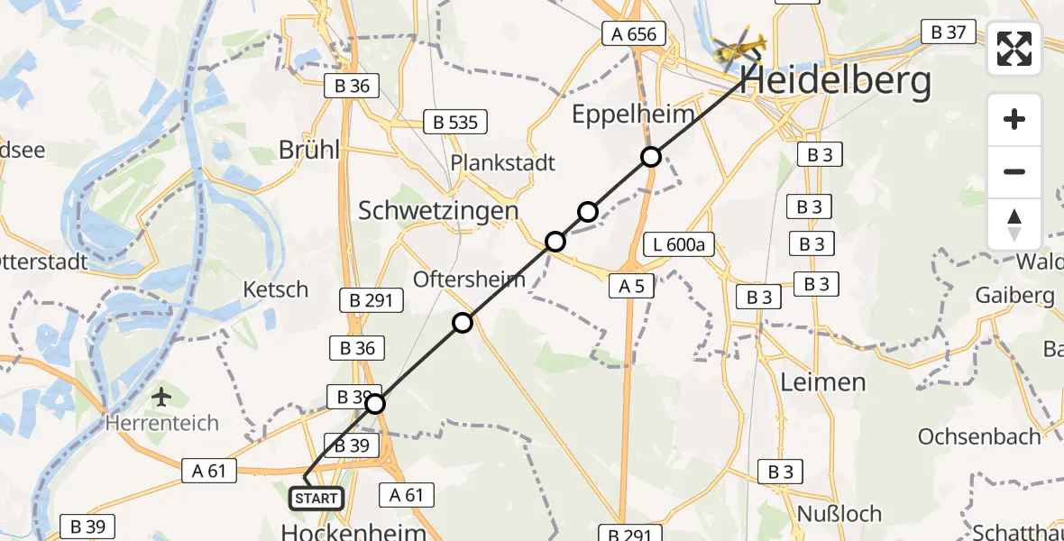 Flugroute Rettungshubschrauber Hockenheim - Heidelberg, 16 Juli 2026, 11:18