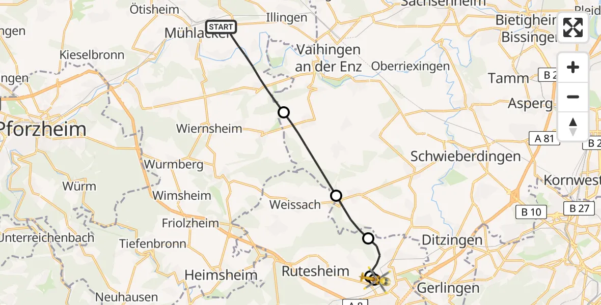 Flugroute Rettungshubschrauber Mühlacker - Leonberg Hospital, 16 Juli 2026, 11:21
