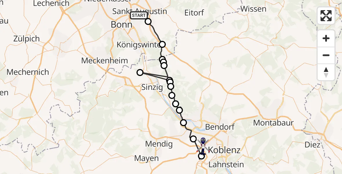 Flugroute Polizeihubschrauber Sankt Augustin - Koblenz, 16 Juli 2026, 11:21