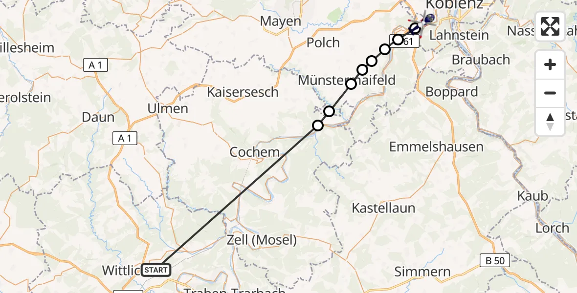 Flugroute Polizeihubschrauber Wittlich - Koblenz-Winningen Flugplatz, 16 Juli 2026, 11:22
