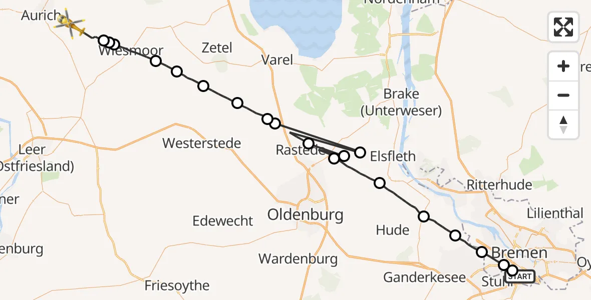 Flugroute Rettungshubschrauber Bremen - Aurich, 16 Juli 2026, 11:24