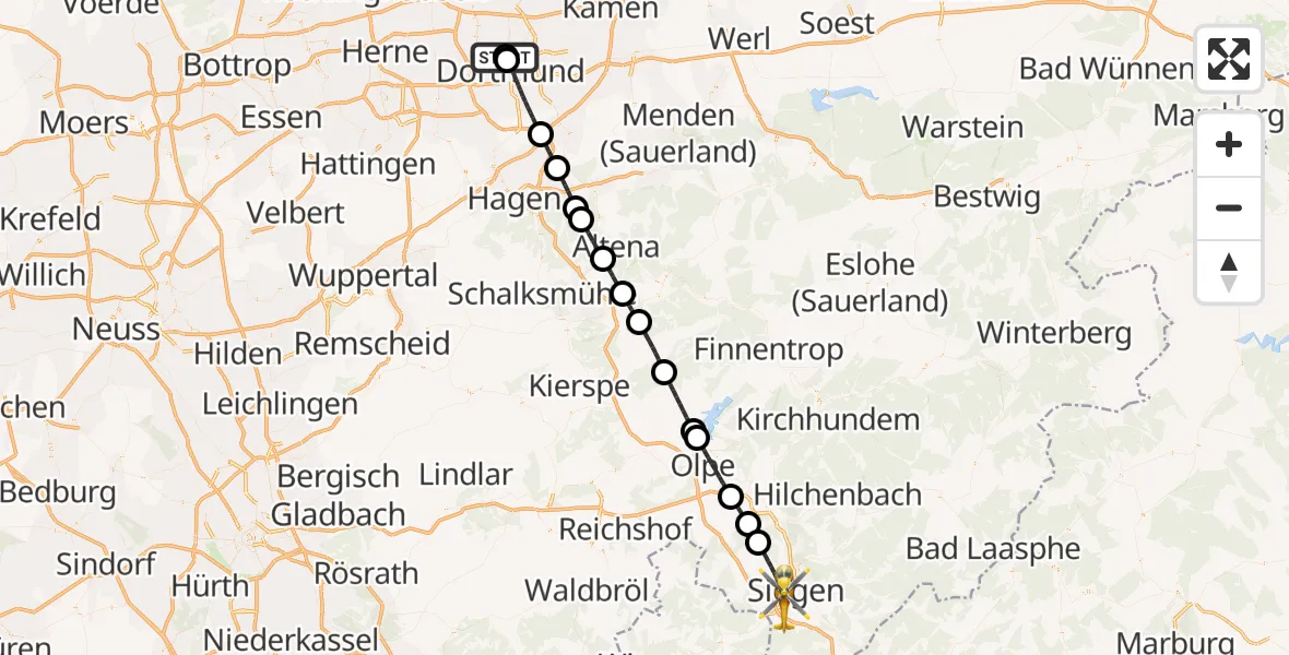 Flugroute Rettungshubschrauber Dortmund Hospital North - Siegen, 16 Juli 2026, 11:28