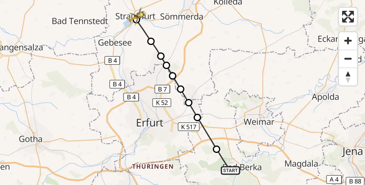 Flugroute Ambulanzhubschrauber Bad Berka - Straußfurt, 16 Juli 2026, 11:32