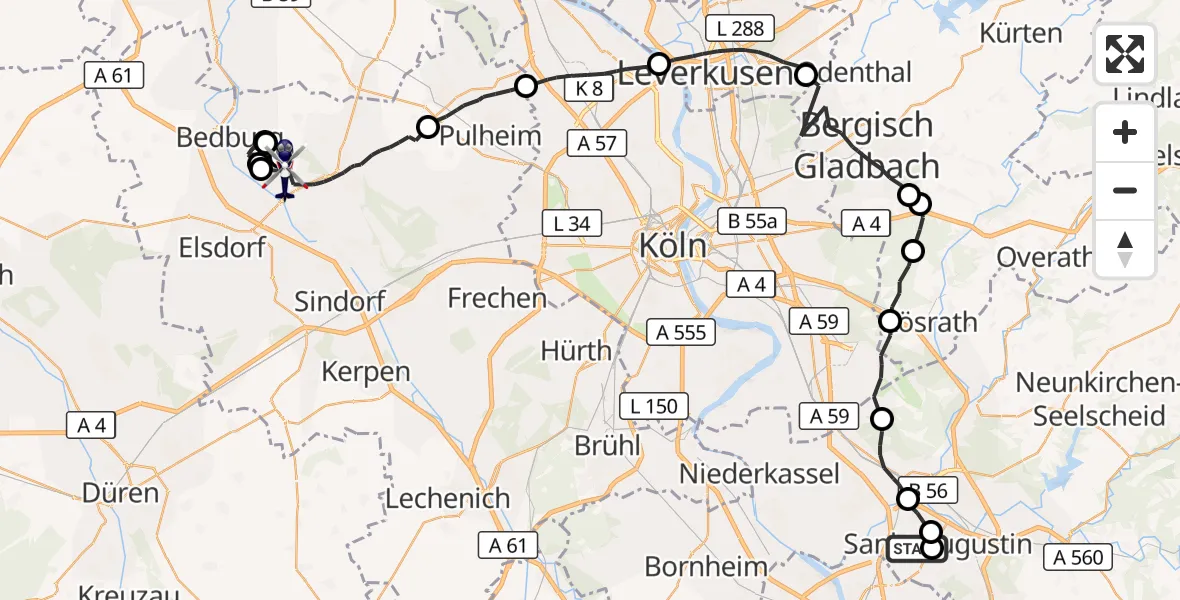 Flugroute Polizeihubschrauber Sankt Augustin - Bergheim, 16 Juli 2026, 11:33