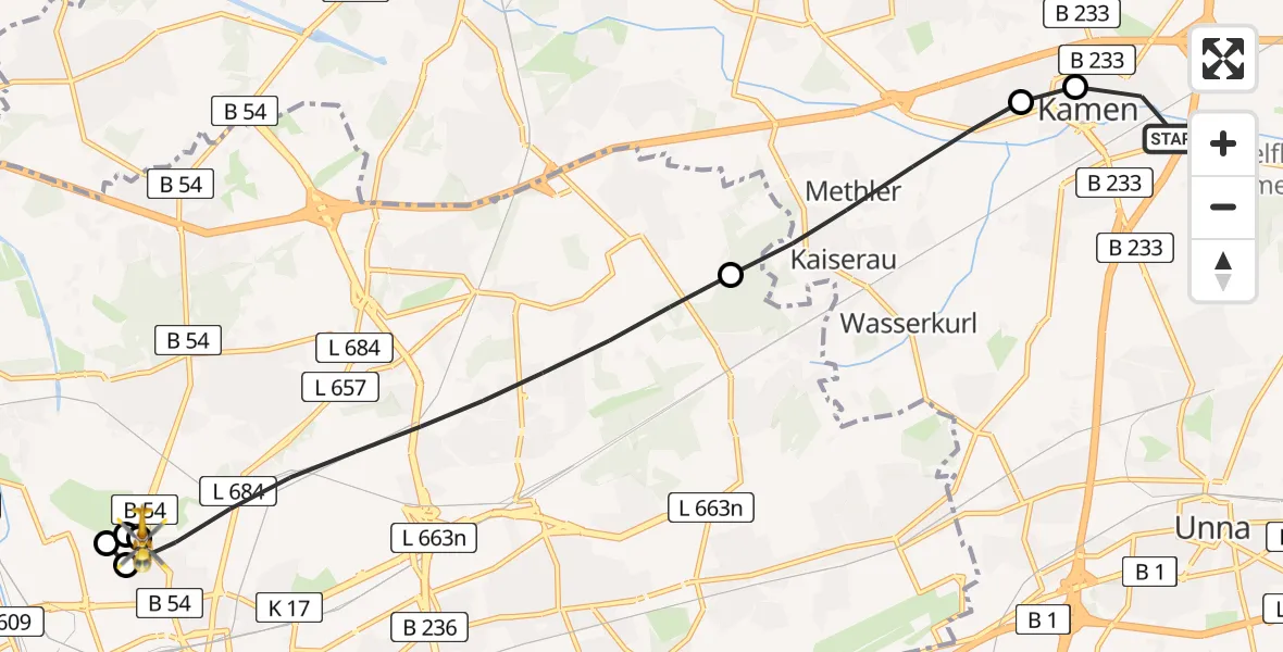 Flugroute Rettungshubschrauber Kamen - Dortmund Hospital North, 16 Juli 2026, 11:43