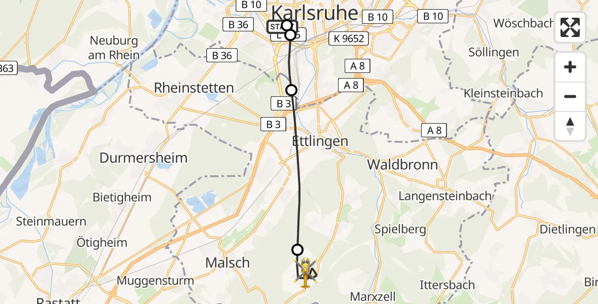 Flugroute Ambulanzhubschrauber Sankt Vincentius Hospital - Malsch, 16 Juli 2026, 11:44