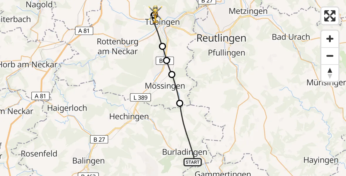 Flugroute Rettungshubschrauber Burladingen - Tübingen Trauma Hospital, 16 Juli 2026, 11:44