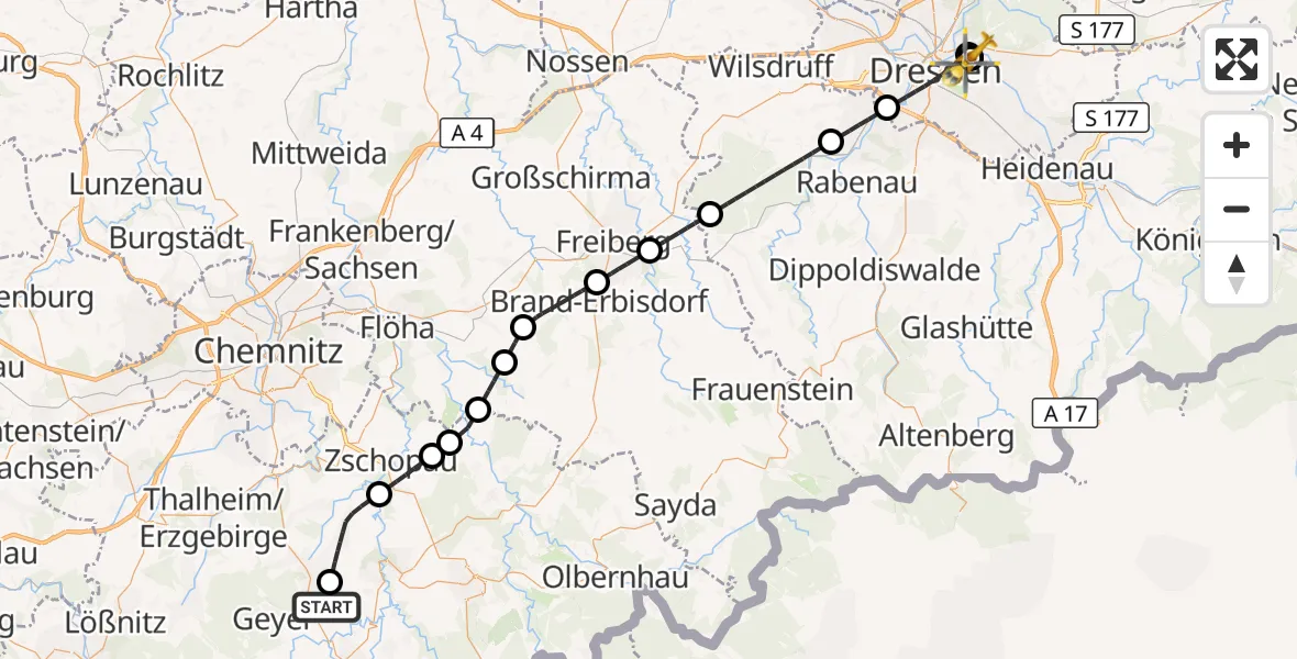 Flugroute Rettungshubschrauber Ehrenfriedersdorf - Dresden University Hospital, 16 Juli 2026, 11:45