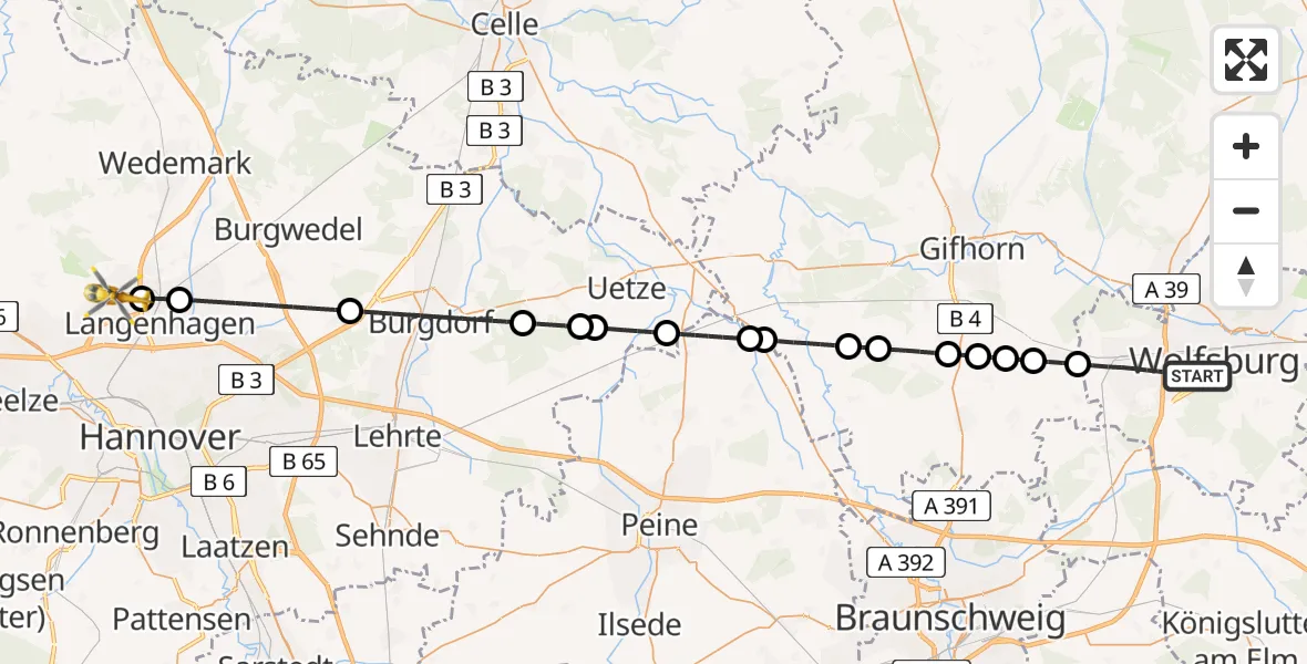 Flugroute Rettungshubschrauber Wolfsburg - Flughafen Hannover, 16 Juli 2026, 11:45