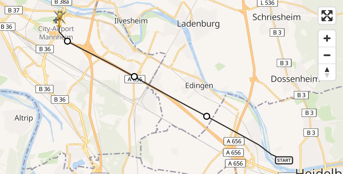 Flugroute Rettungshubschrauber Heidelberg - Mannheim-City Flughafen, 16 Juli 2026, 11:47
