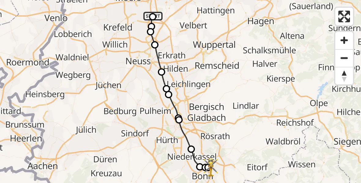 Flugroute Rettungshubschrauber Duisburg Air Rescue Hubschrauberlandeplatz (Christoph 9) - Sankt Augustin, 16 Juli 2026, 11:48