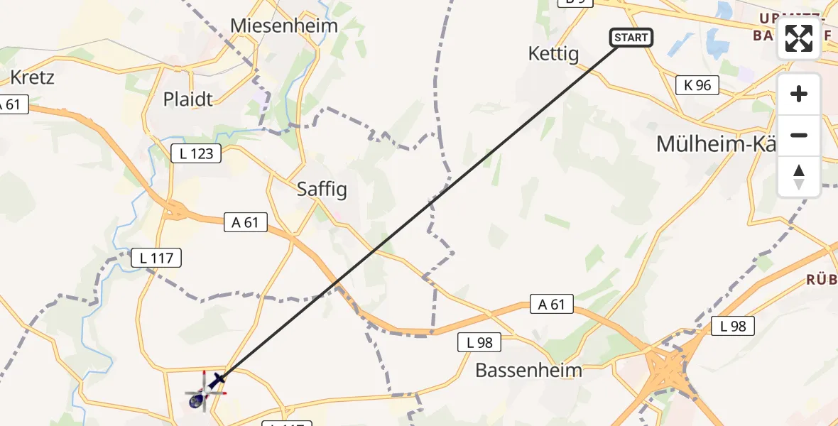 Flugroute Polizeihubschrauber Kettig - Ochtendung, 16 Juli 2026, 11:50