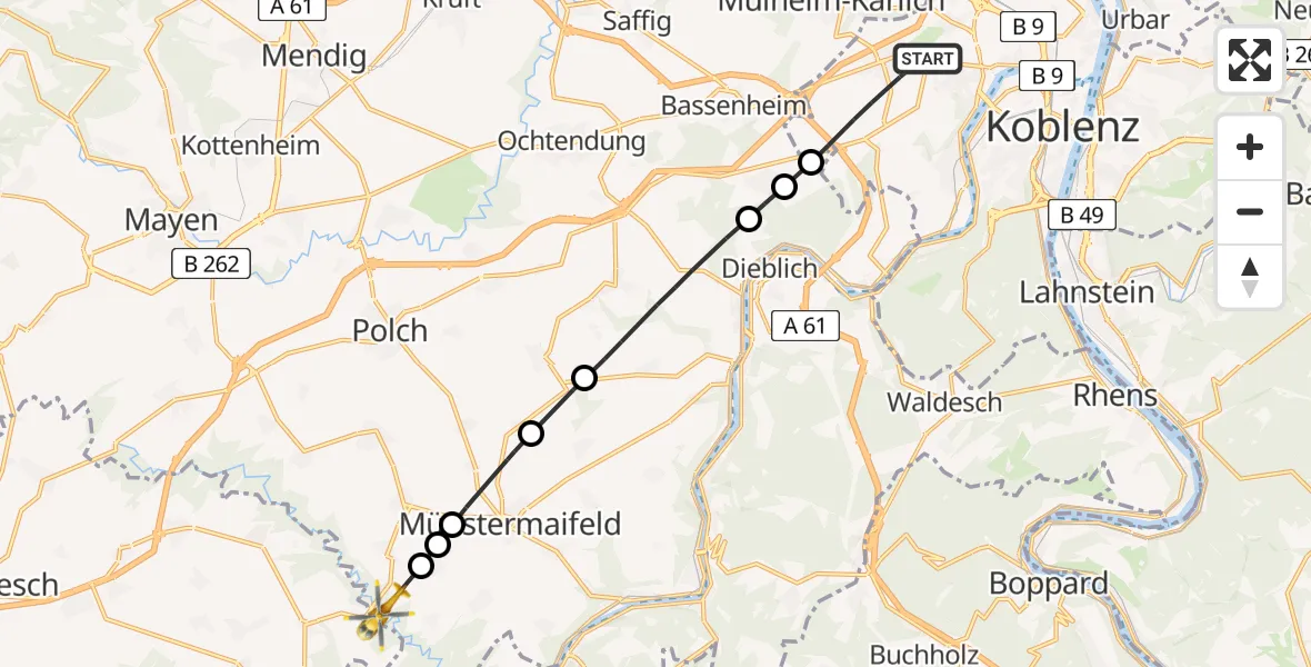Flugroute Rettungshubschrauber Koblenz - Pillig, 16 Juli 2026, 11:51