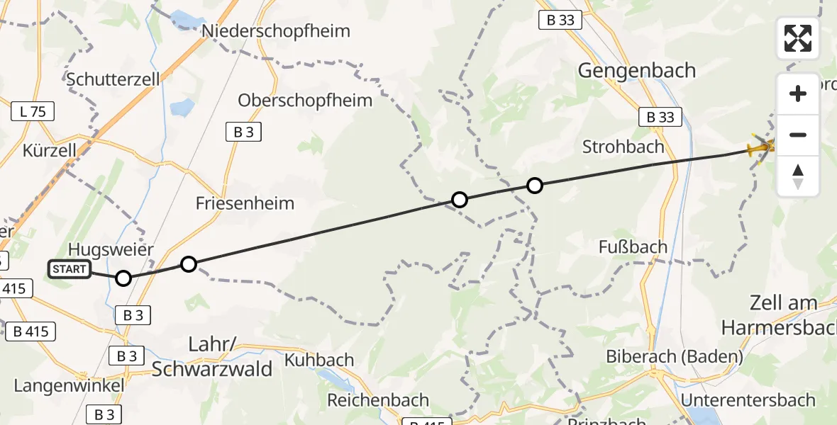 Flugroute Rettungshubschrauber Lahr Flughafen - Nordrach, 16 Juli 2026, 11:52